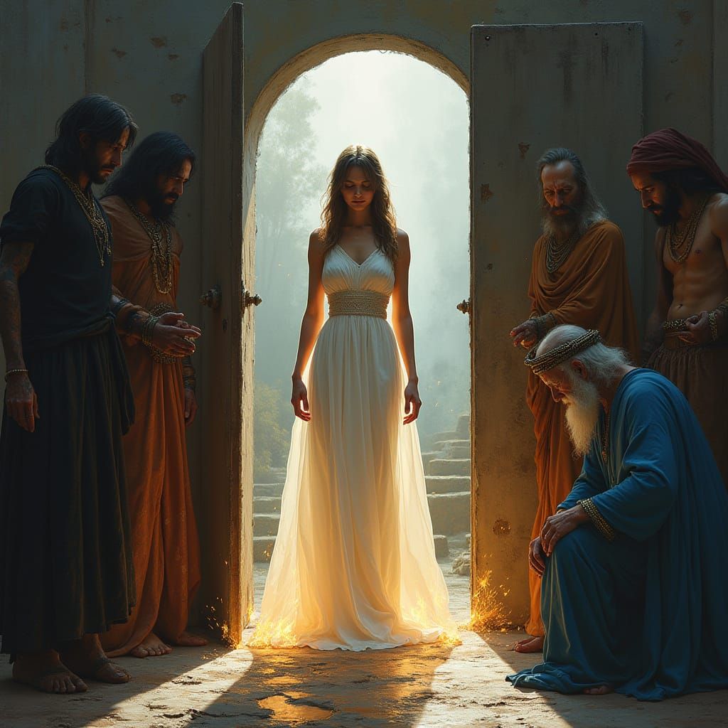 Radiant Woman Receives Fiery Gifts: Mystical Art