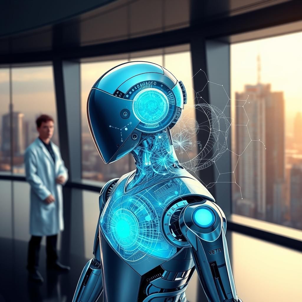 Futuristic Robot in Lab with Intricate Fractal Patterns