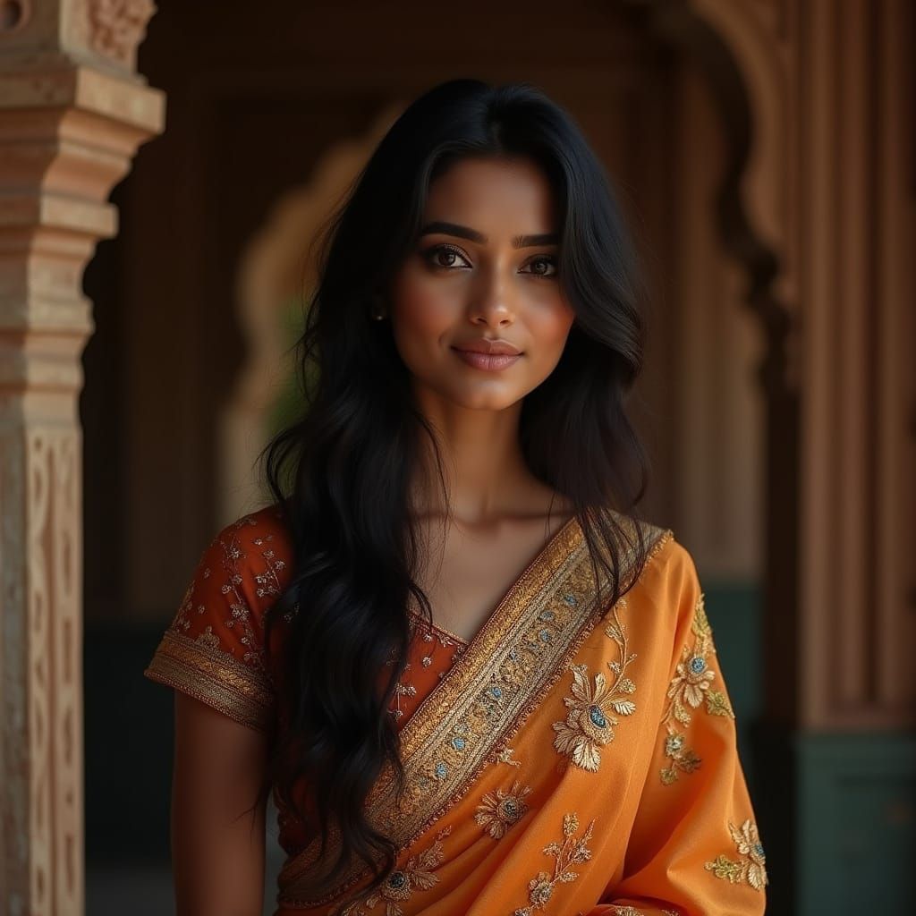 Elegant Indian Model in Golden Saree with Intricate Embroide...