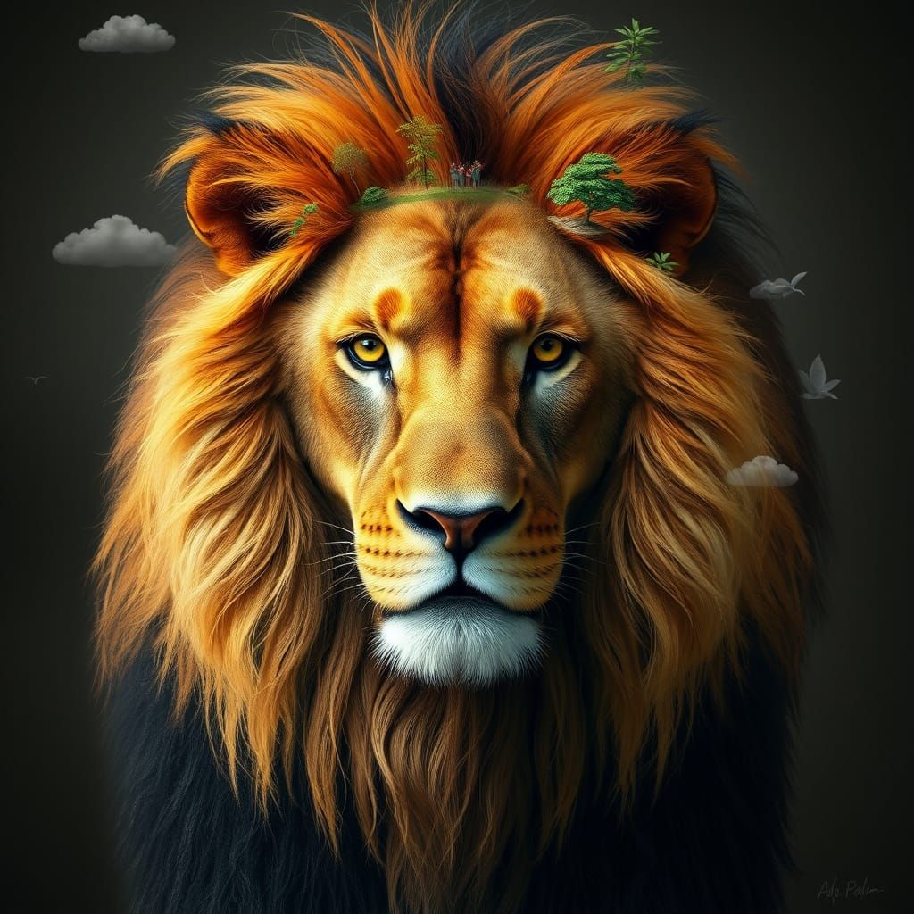 Lion with Ecosystem Hair: A Majestic Fusion