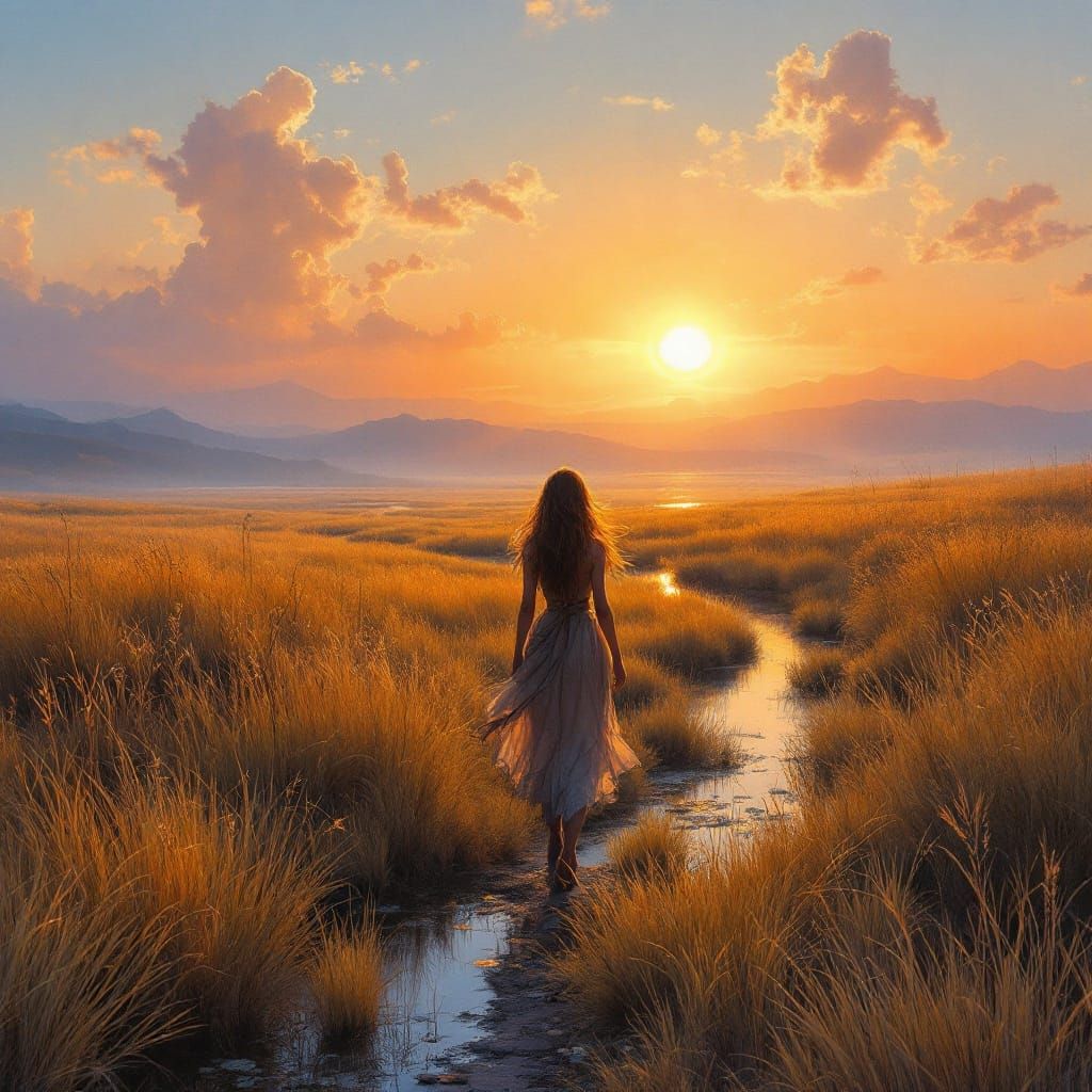 Female Adventurer Walks Through Marsh Valley in Luis Royo St...