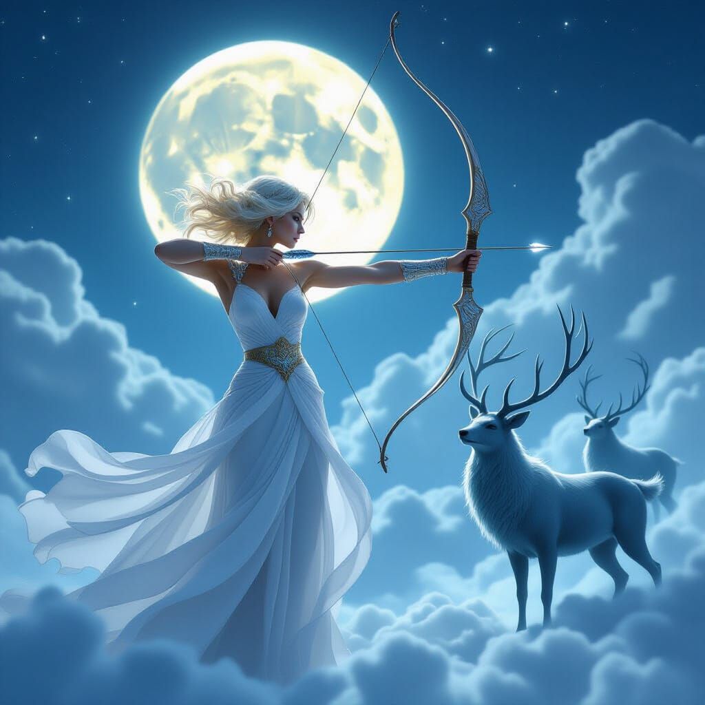 Ethereal Greek Goddess Aiming Bow Under Moonlight
