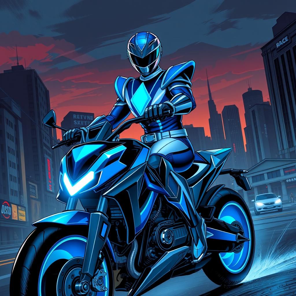Blue Diamond power ranger on a motorbike