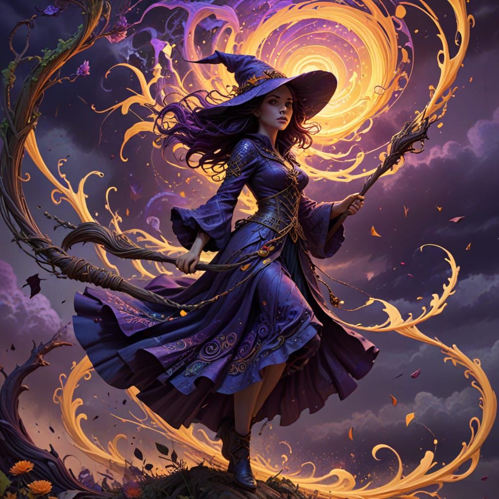 Witch on Vine Broomstick in Candy-Colored Storm