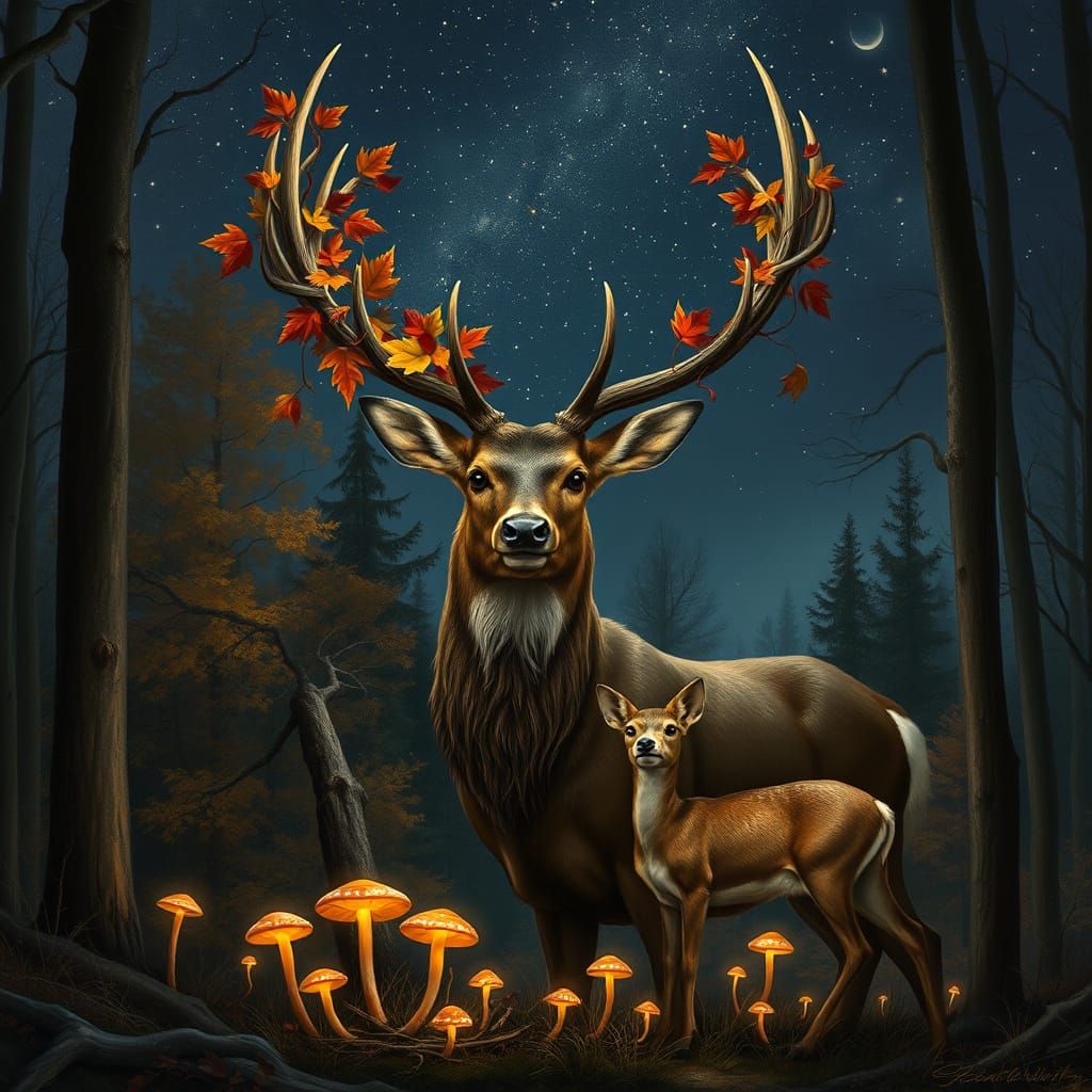 Majestic Stag Protects Mate in Starry Autumn Forest