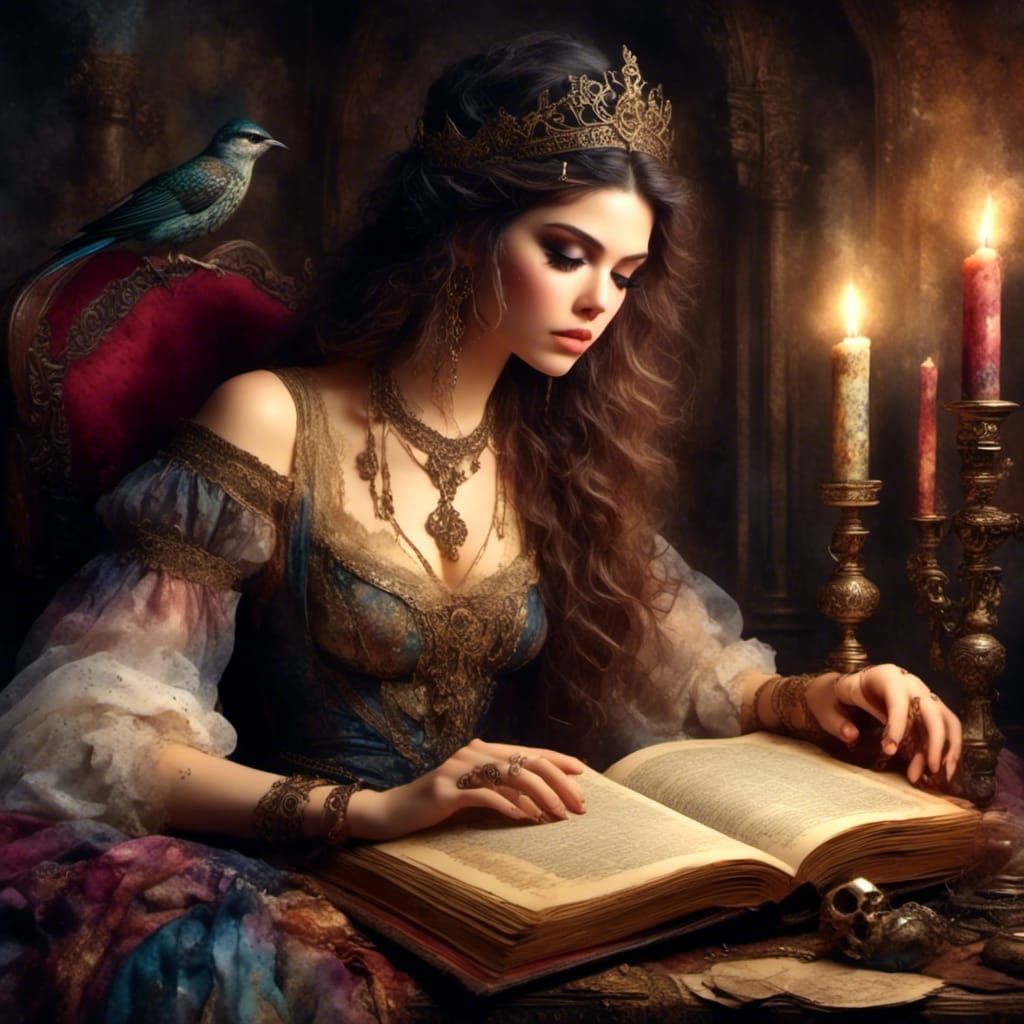 Medieval Woman Reading in Antique Watercolor Style