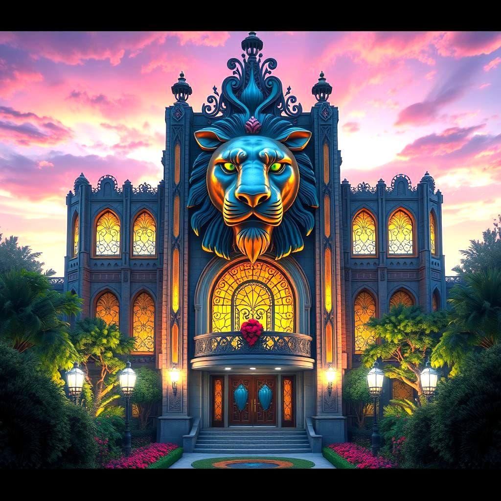 Art Deco Building with Garden and Lion Design