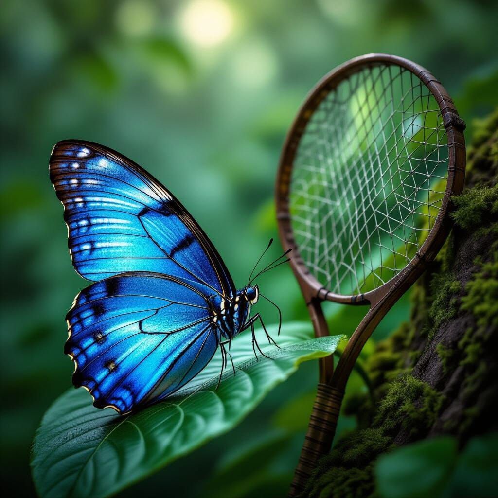 Blue Morpho Butterfly and Antique Net in Forest Scene
