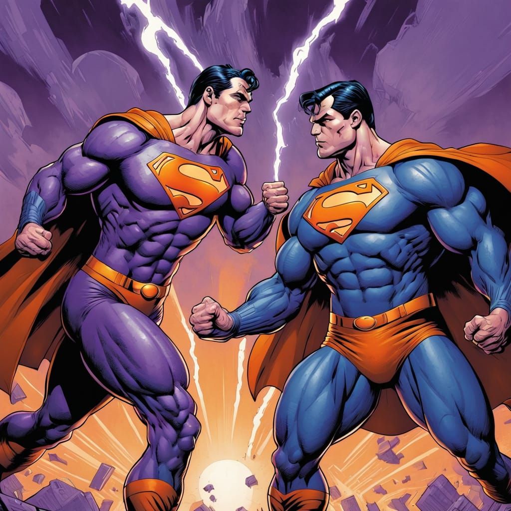 Superman vs. Bizarro: Comic Book Battle in Purple and Orange