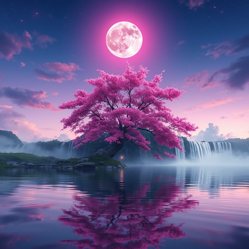 Pink Moon Rising: Ethereal Waterfall in 3D Anime Art