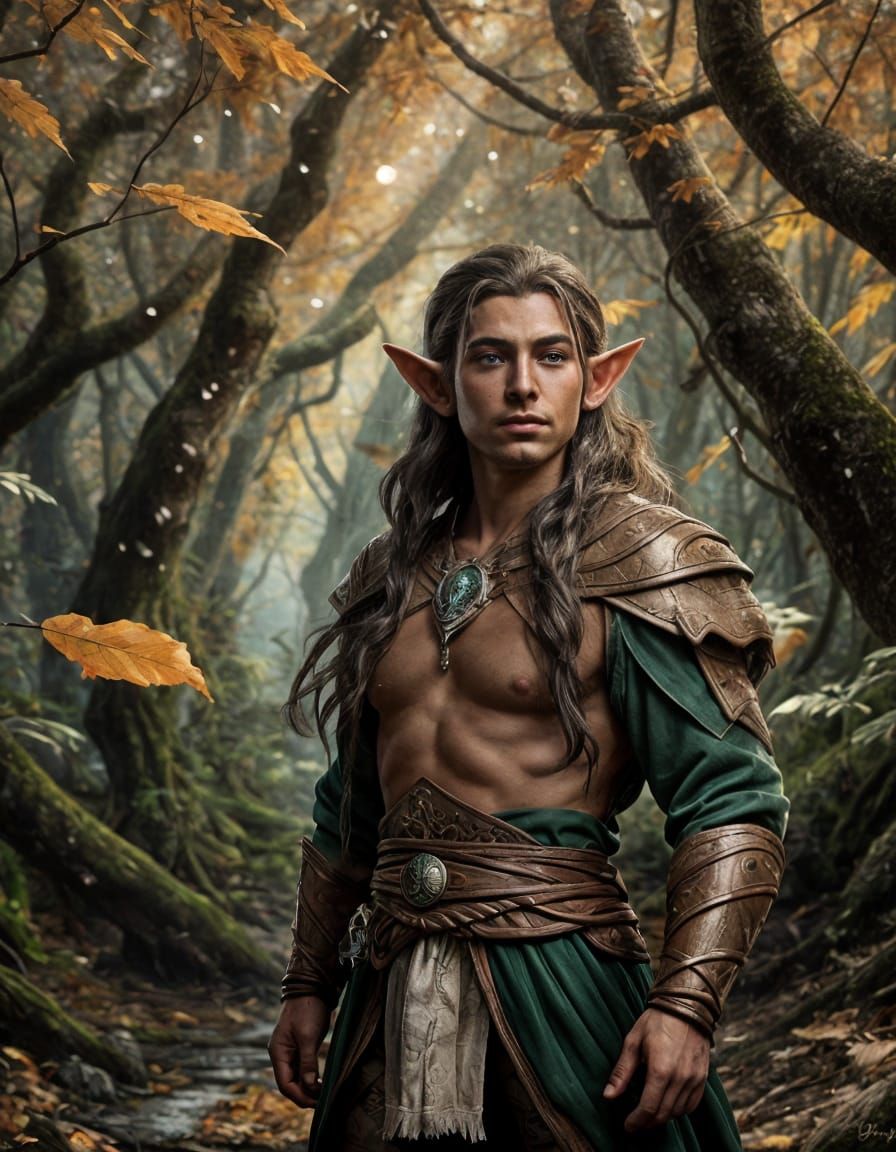 Male Elf in Autumn Forest, Digital Illustration