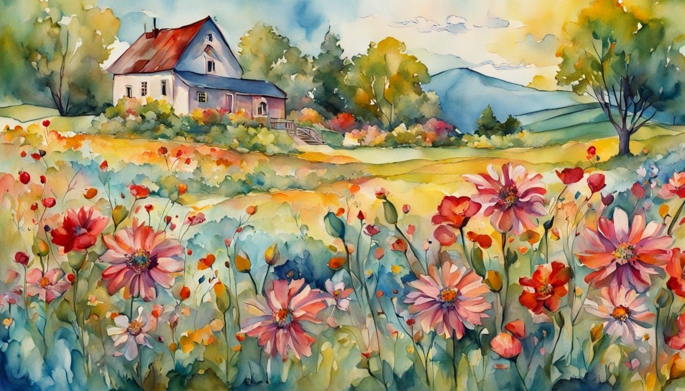 Whimsical Farmhouse Landscape in Alcohol Ink Style