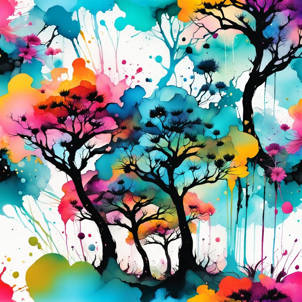 Vivid Alcohol Ink Landscape with Trees and Flowers