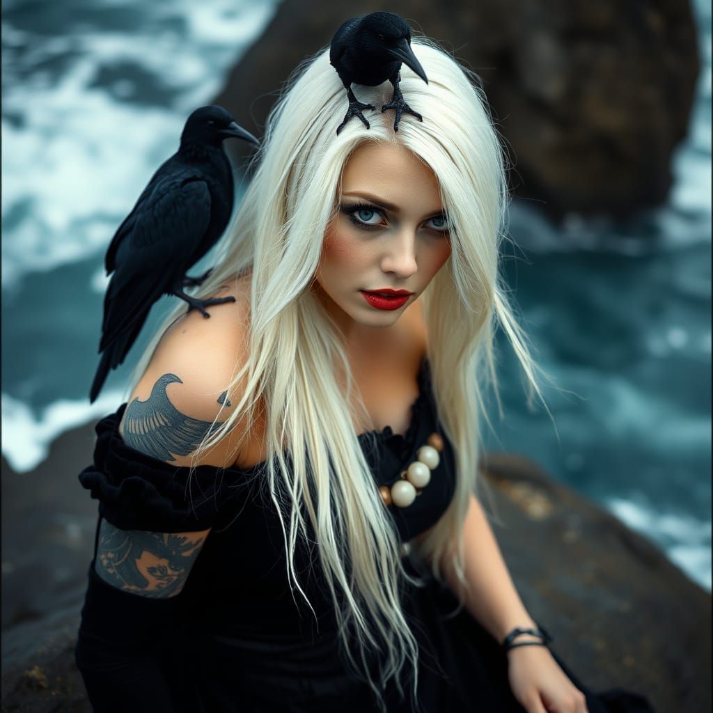 Scottish Witch with Blue Eyes and Raven