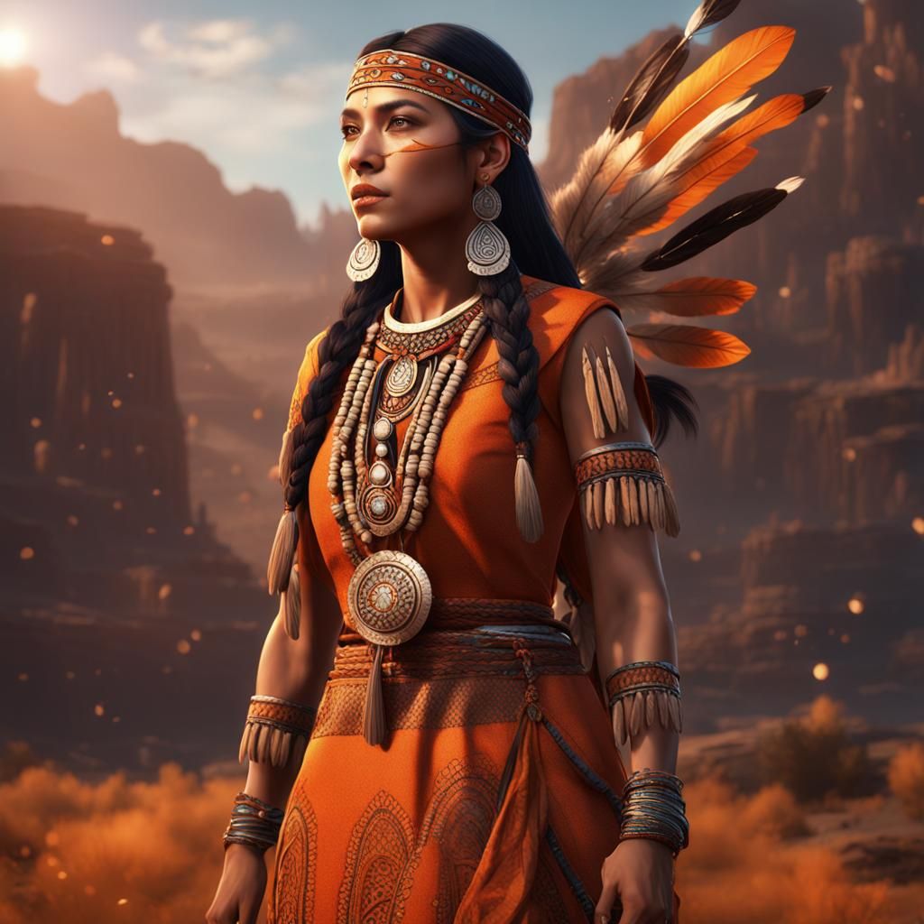 American Indian Woman in Orange Dress Art