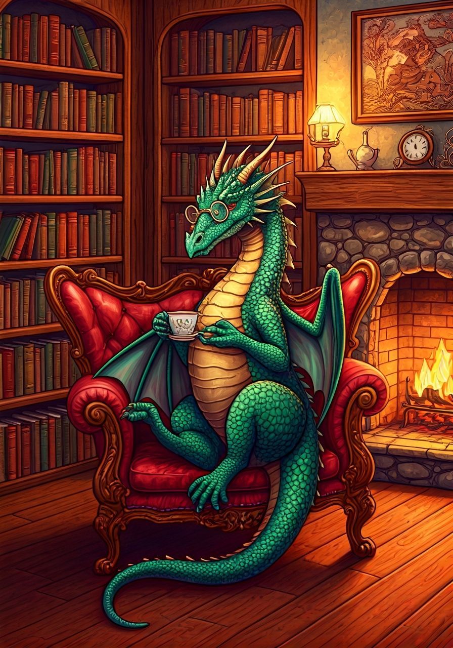 Dragon Reading in Cozy Victorian Library