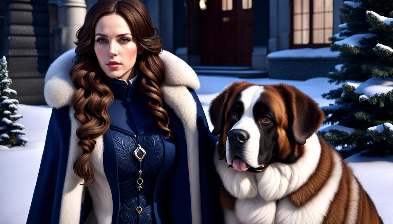 Winter Portrait of Woman and Saint Bernard