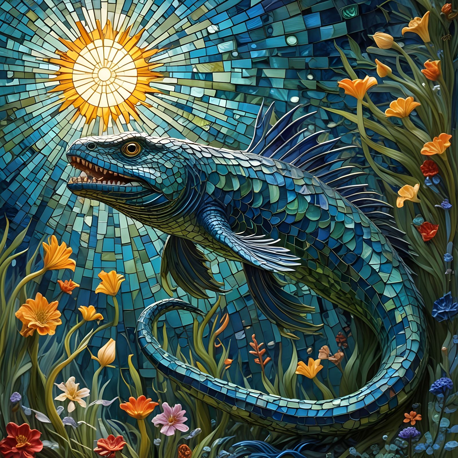Majestic Mosaic Sea Monster in Vibrant Art Nouveau Style