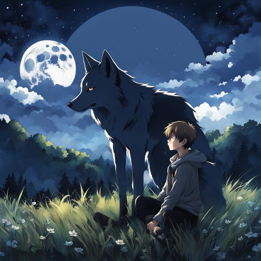 Boy and Wolf Gaze at Moon, Anime Style