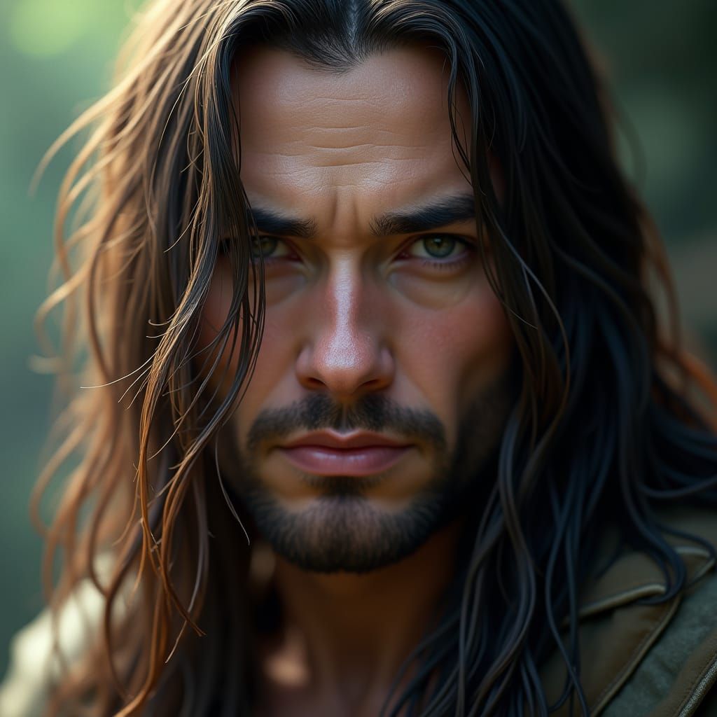 Intense Portrait of Man with Flowing Hair