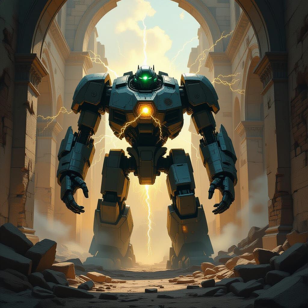 Ancient Robot in Ruined City, Oil Painting Style