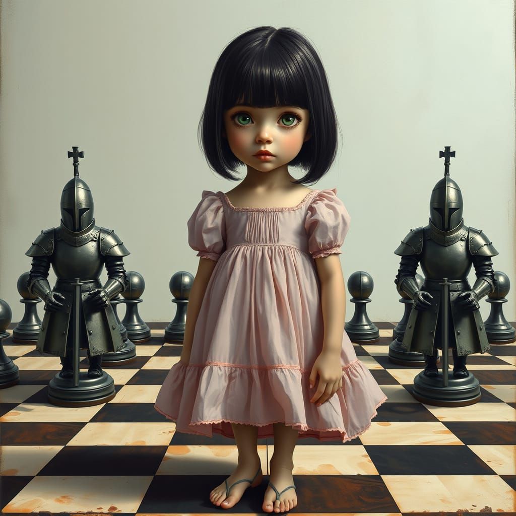 Surreal Alice on Chessboard with Grotesque Knights