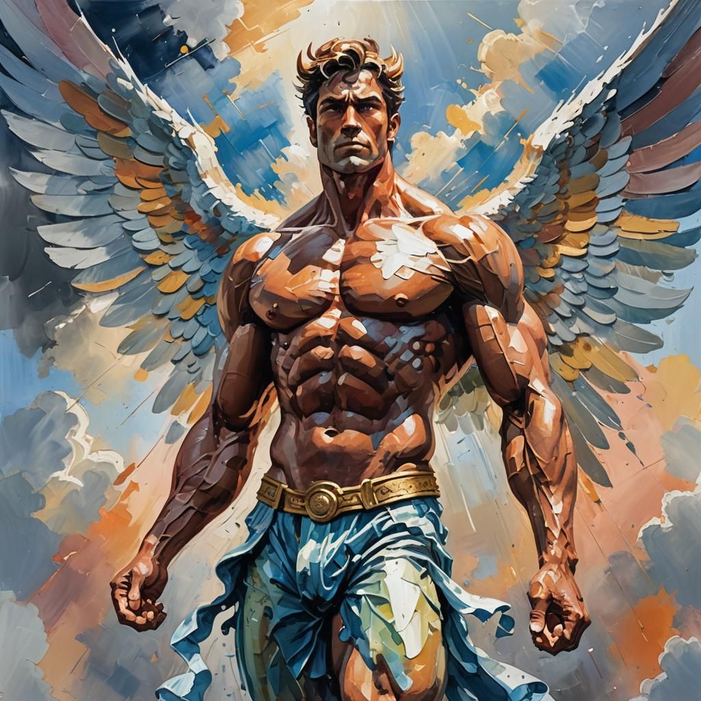 Heavenly Muscle Angel in Vivid Gouache Style