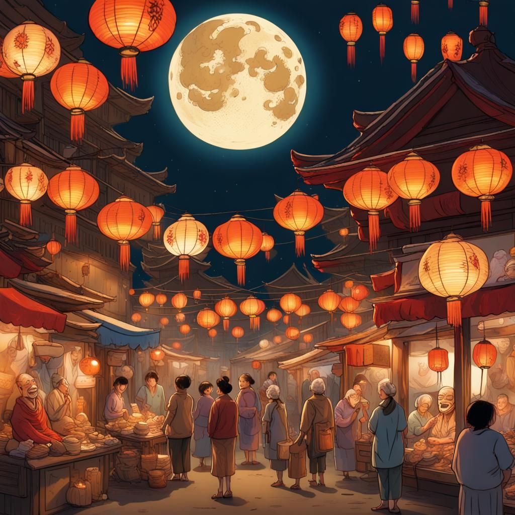 A bustling night market bathed in the warm glow of lanterns and the moon