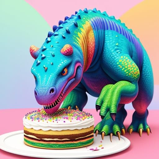 Playful Dinosaur Eats Cake in Vibrant Digital Art