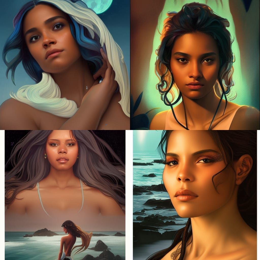 Moonlit Beach Portrait in Art Nouveau Style