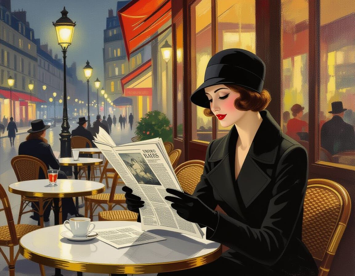 Art Deco Woman Reading in Parisian Cafe, Oil on Canvas