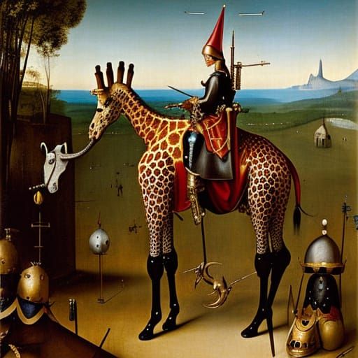 steampunk knight woman riding a giraffe in a land of chaos Hieronymus Bosch oil painting hyperdetailed detailed face