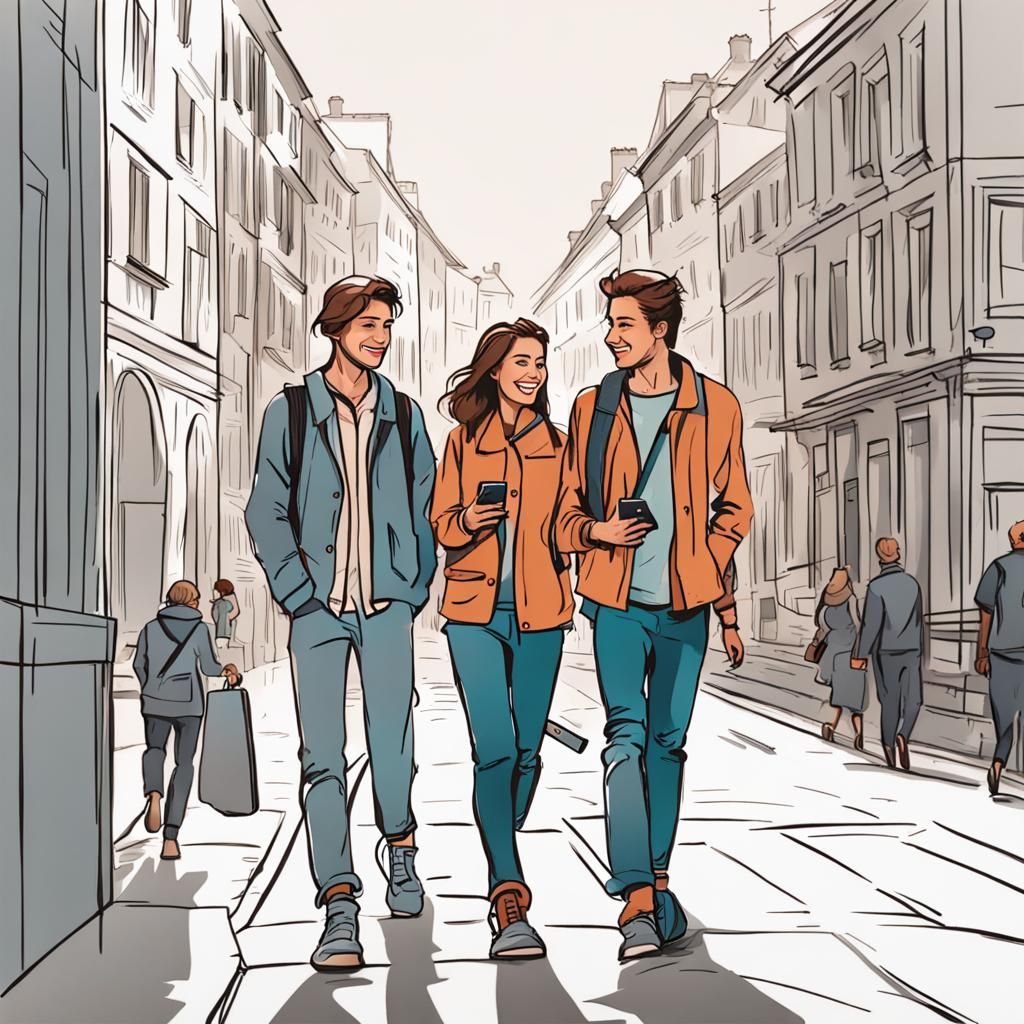 Happy Couple Talking on Phones in Scumbling Style