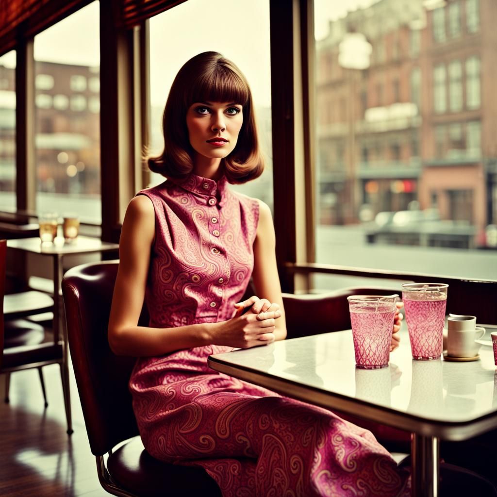1960s Girl in Modern Restaurant: Realistic Photo