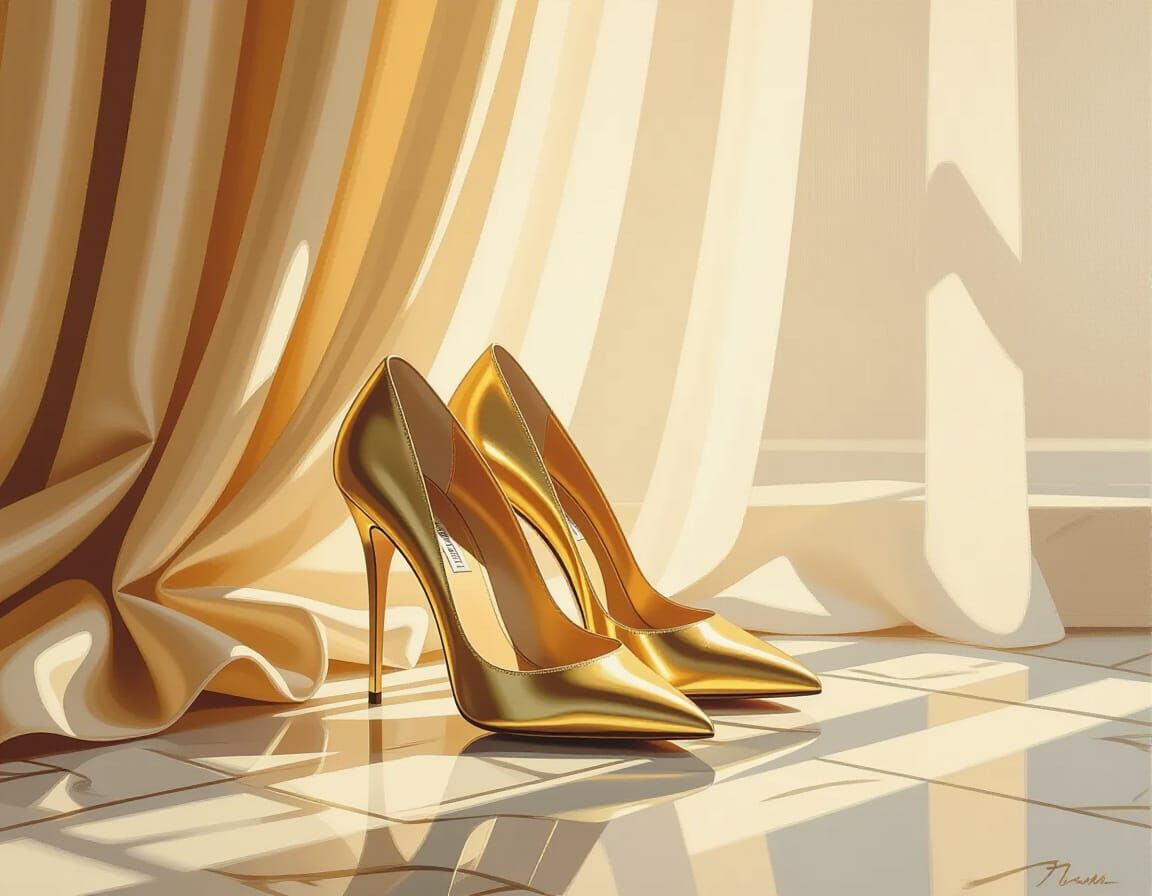 Elegant Gold Heels in Retro Vogue Oil Painting Style