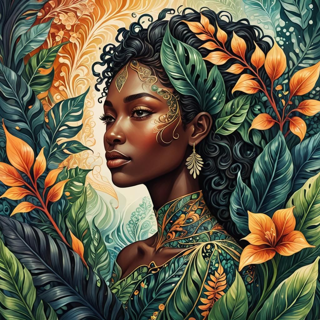 Surreal Black Woman with Tropical Foliage in Watercolor Styl...