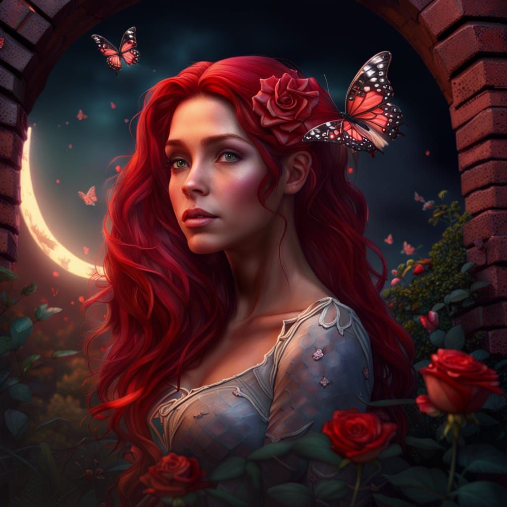 Red-Haired Fairy in Fantasycore Garden at Dusk