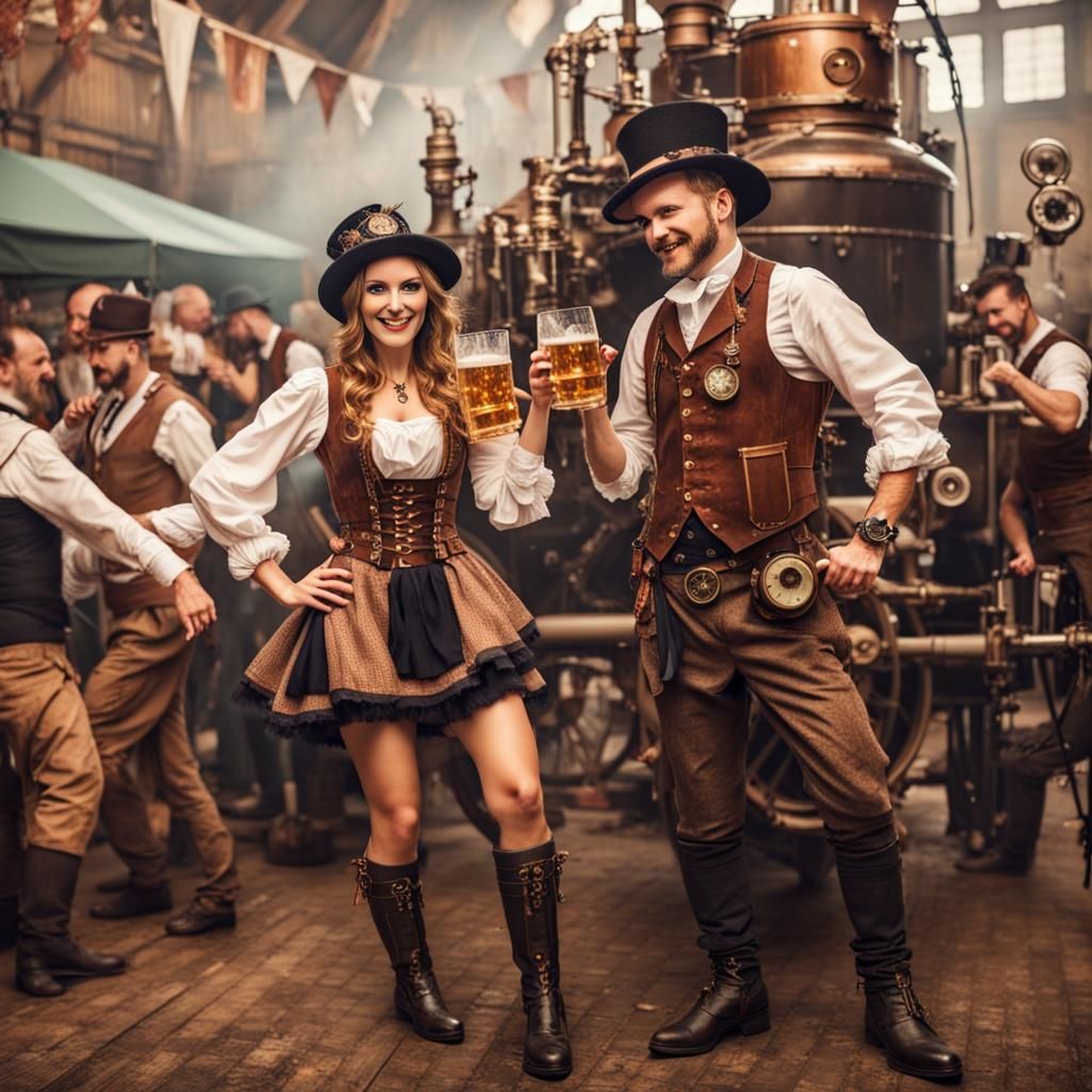 Steampunk Oktoberfest Celebration with Dancing Figures