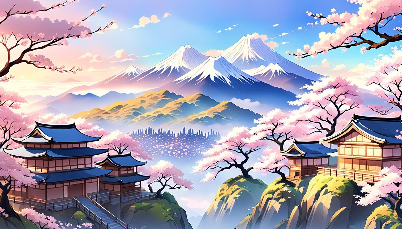 Anime-Inspired Japanese Landscape with Cherry Blossoms