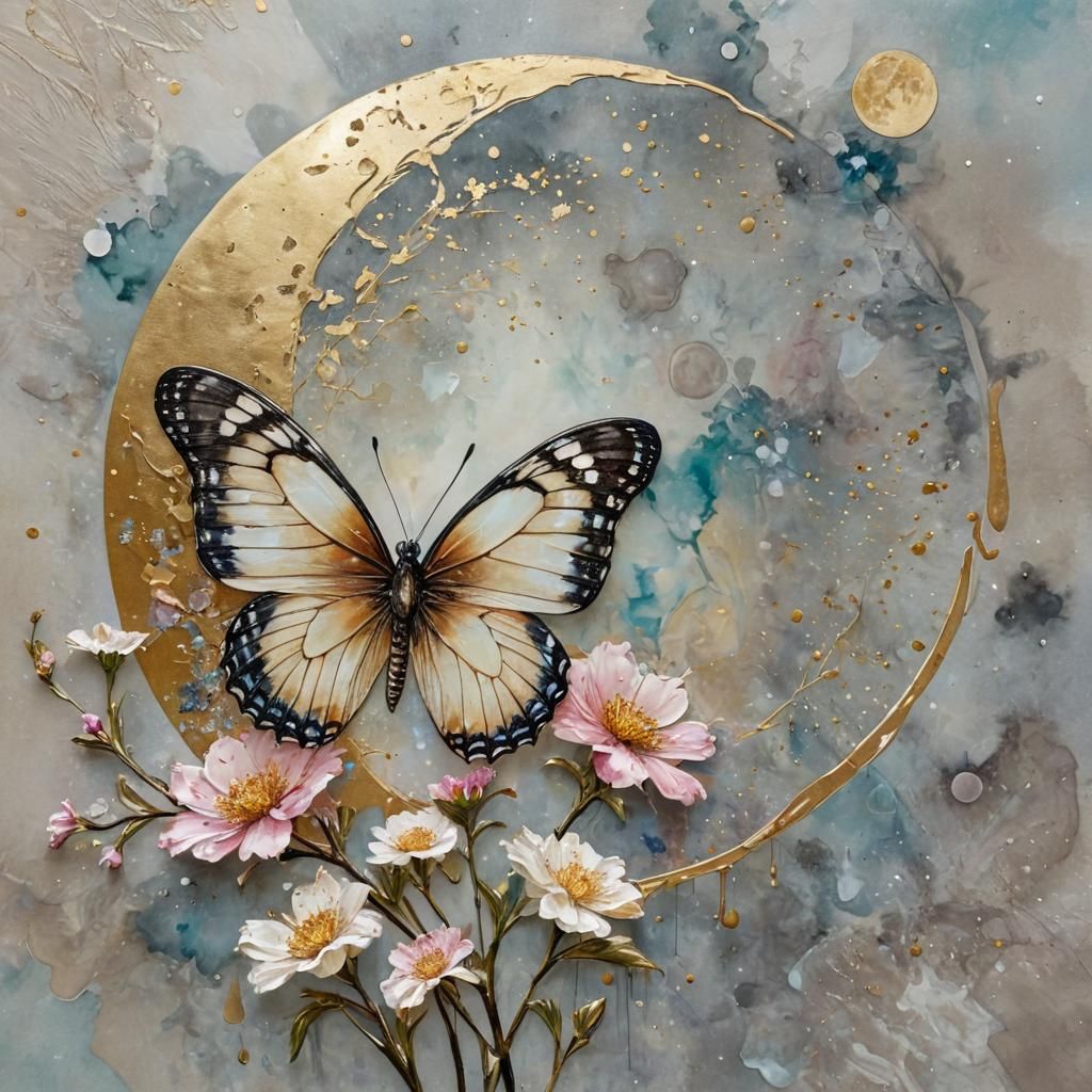 Butterfly on Flower with Moon in Marbled Ink Style