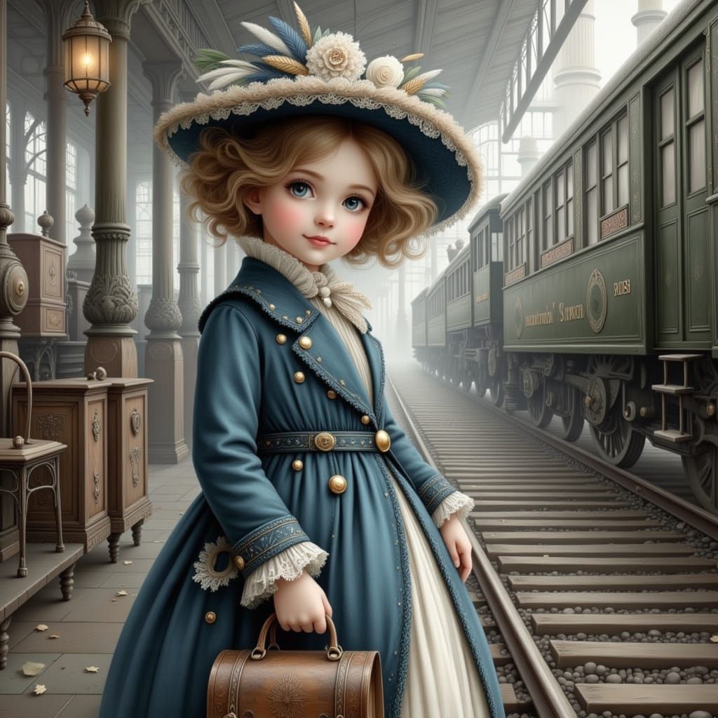 Victorian Girl Awaits Train in Misty Station