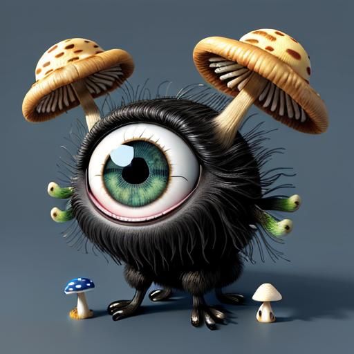Surreal Mushroom Creature with Chibi Eyes