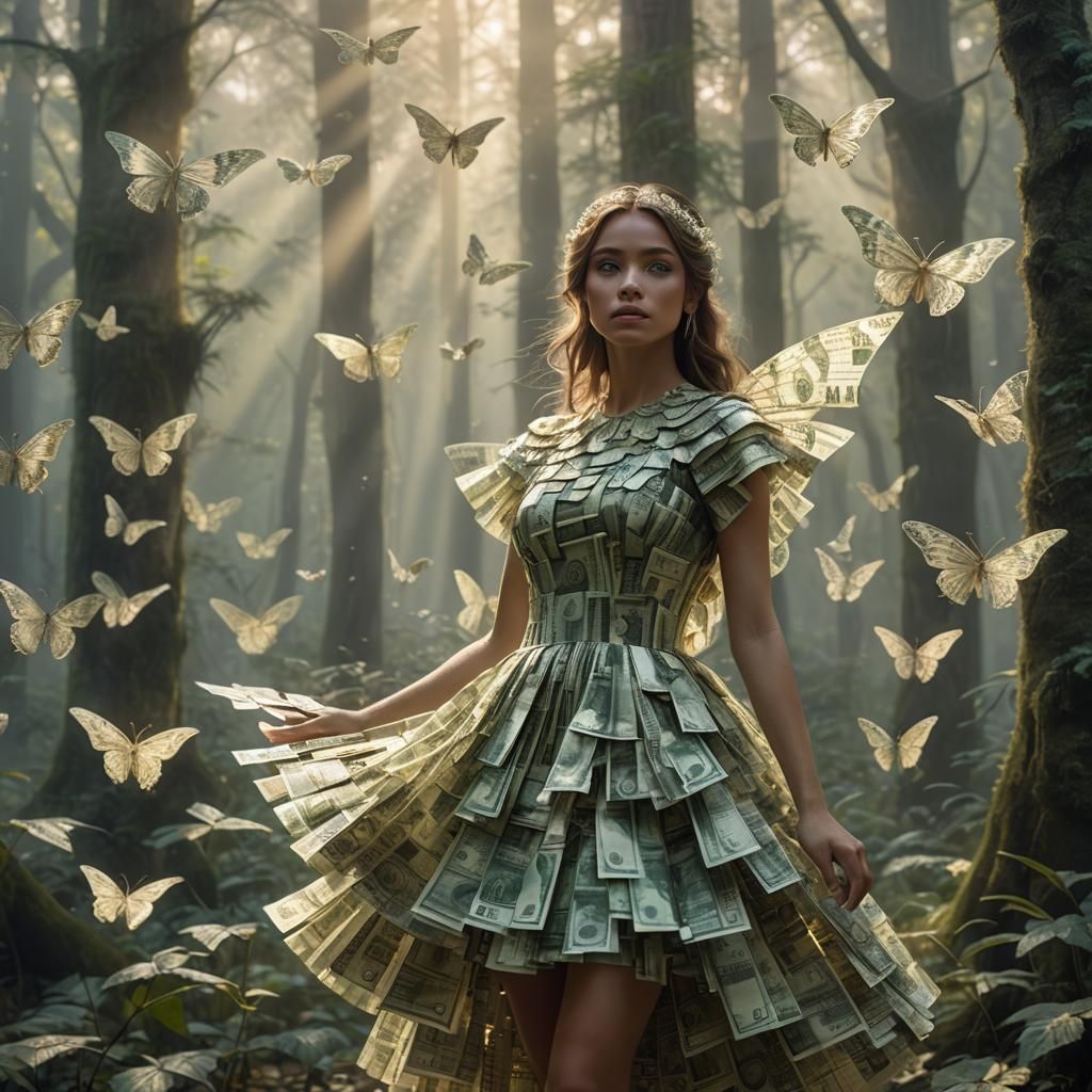 Girl in Dollar Dress in Ethereal Forest