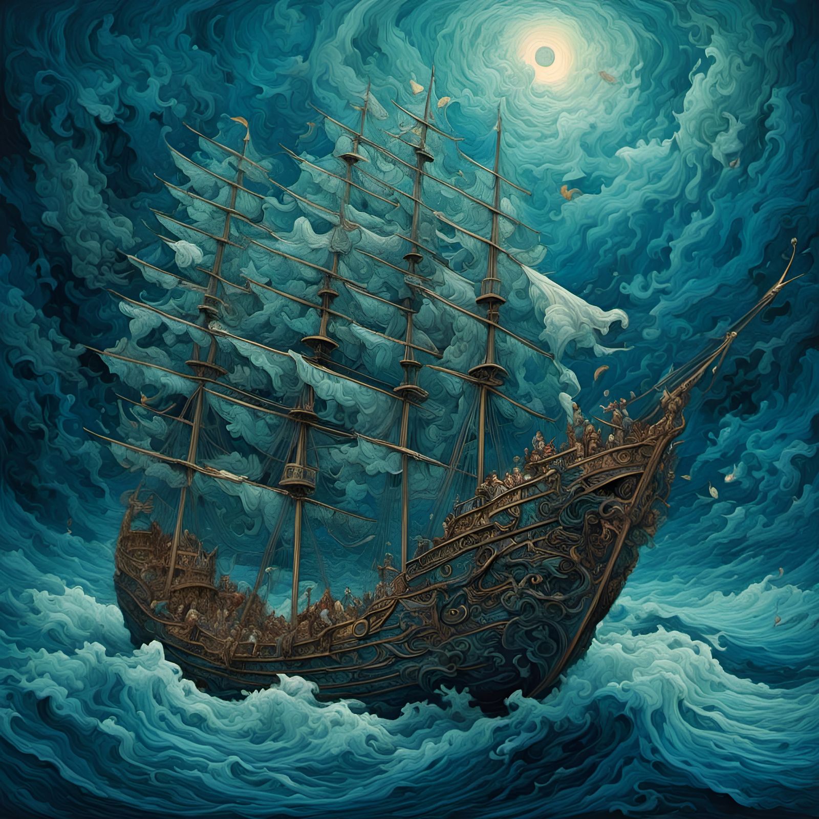 Fantastical Carved Boat on Wild Ocean