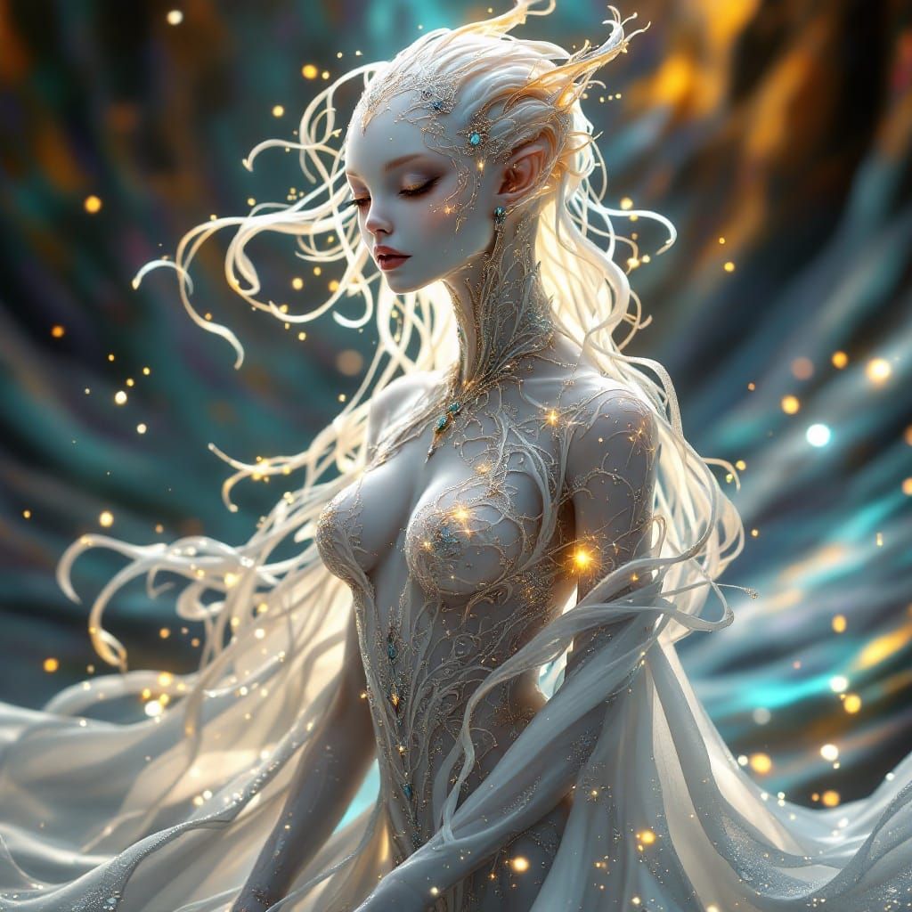 Ethereal Alien Goddess in Iridescent Gown