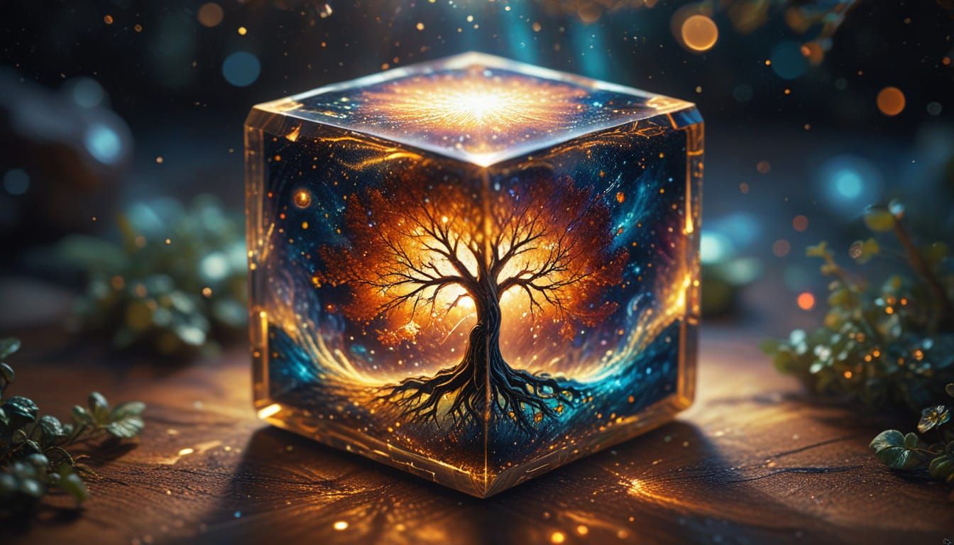 Ethereal Cosmic Tree of Life in a Glowing Cube