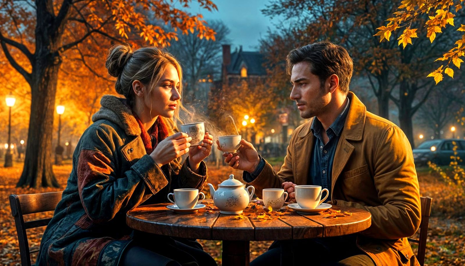 Couple Sharing Tea in Autumn Park at Night