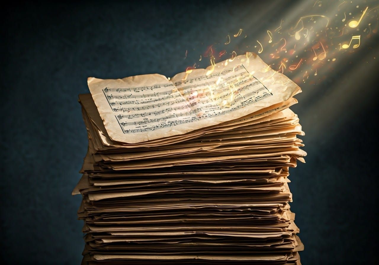 Sheet Music Liberated: Aged Score with Ethereal Notes