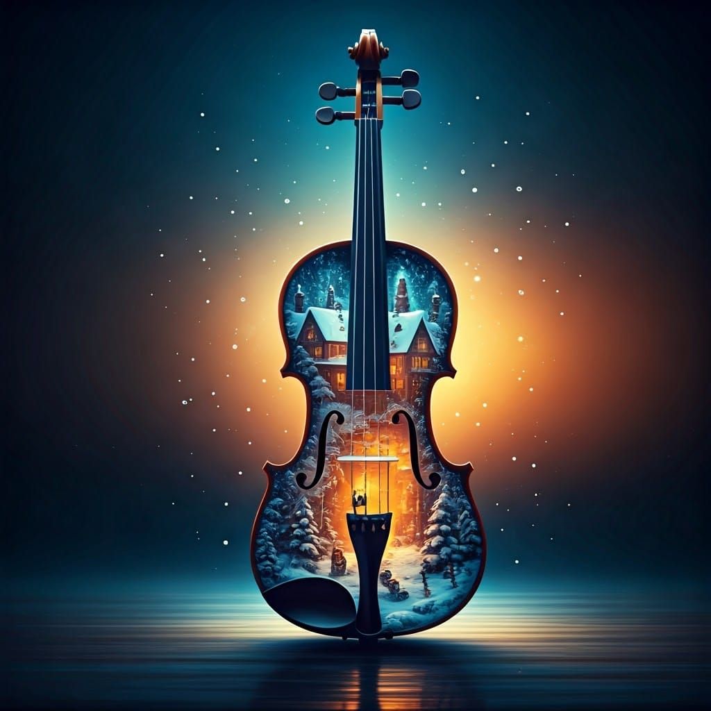 Whimsical Winter Town within a Violin Silhouette