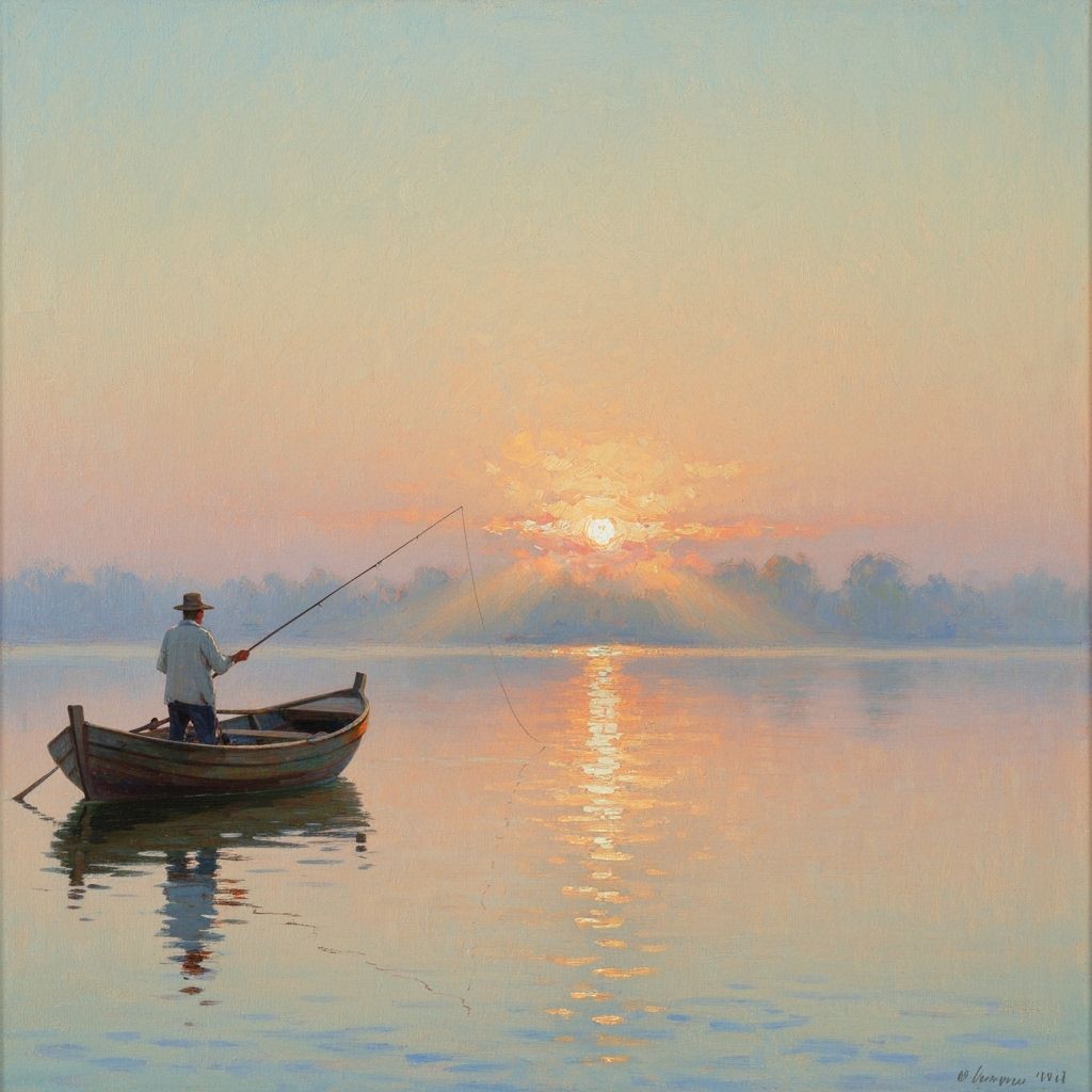 Peaceful Dawn Fishing Scene in Impressionistic Style